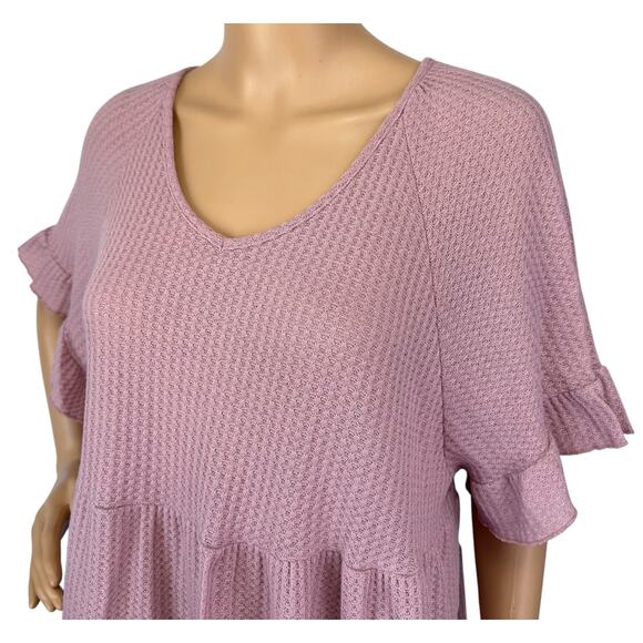 2/$15 Simply Southern Ruffle Tier Waffle Knit Top Pink Short Sleeve Size L - Picture 6 of 8